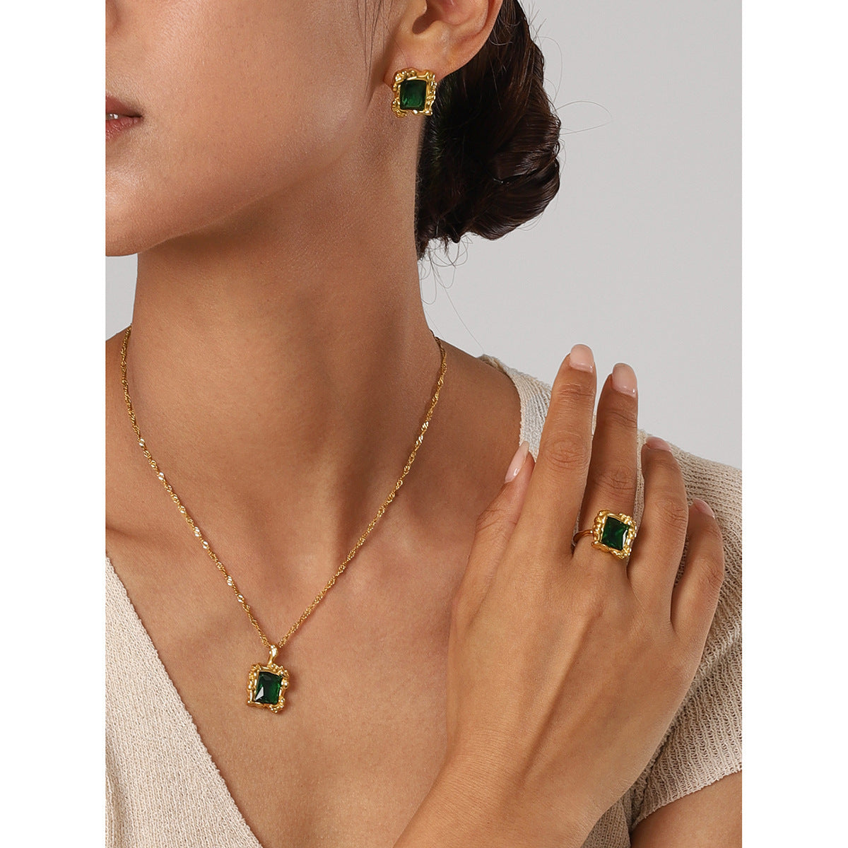 RetroTexture Green Set Open-end Zircon Ring Women