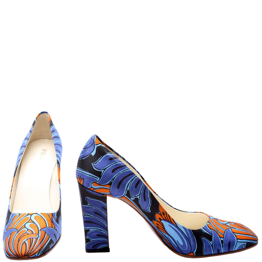 Printed Fabric Square Toe Heels Size 38.5