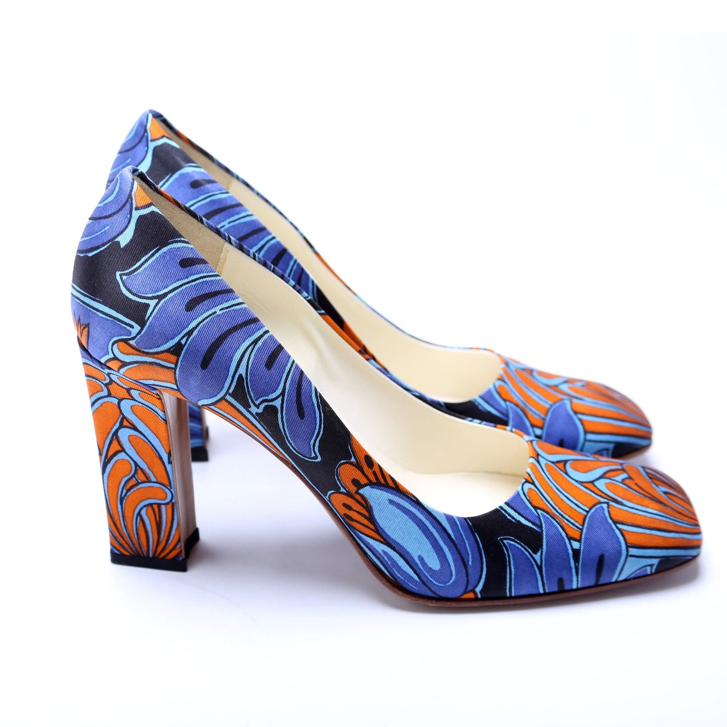 Printed Fabric Square Toe Heels Size 38.5