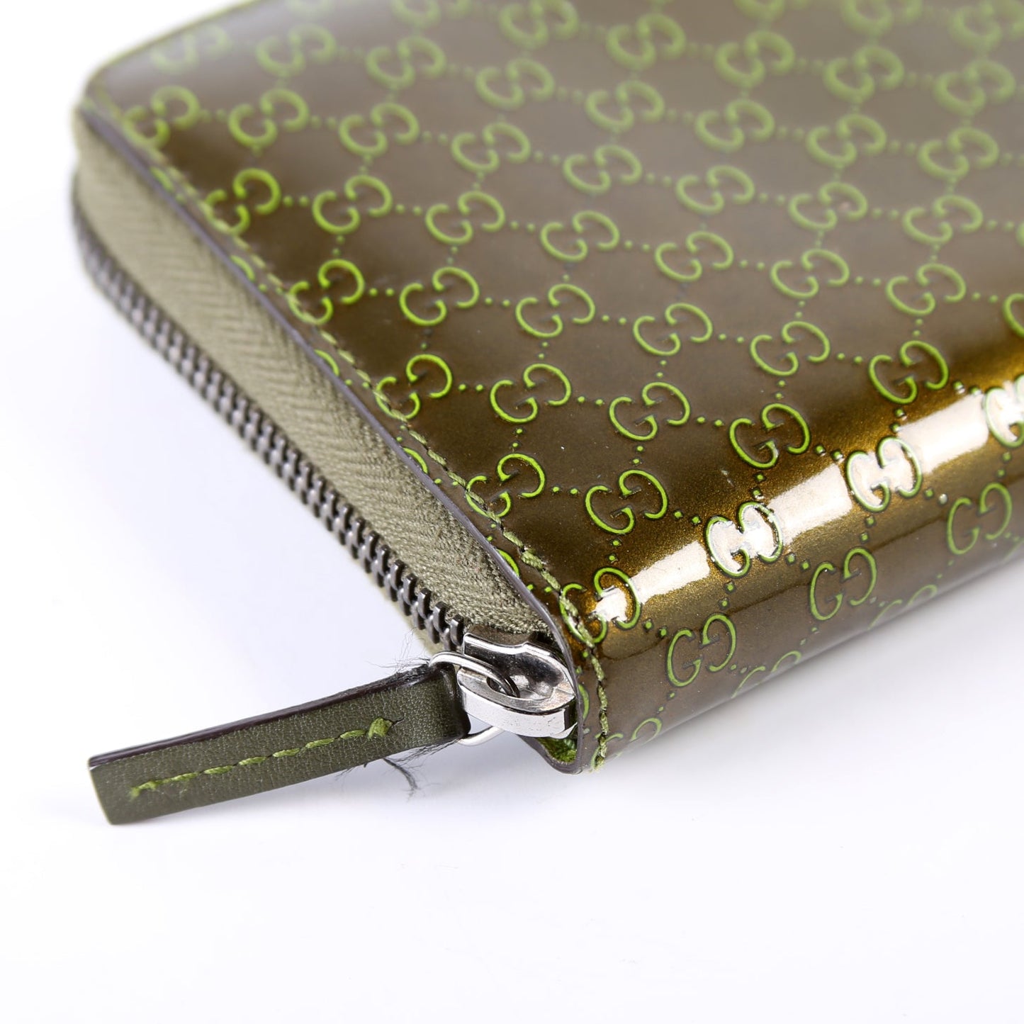 307987 Guccissima Patent Zip Around Wallet Green