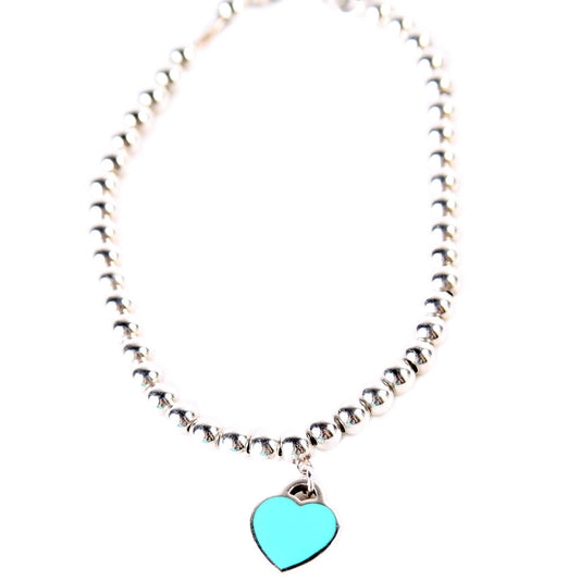 Please Return To Mini Enamel Heart With Diamond Bead Chain Bracelet 925/Teal